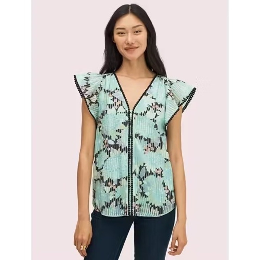 Kate Spade *Dahlia Bloom* Green Floral Pom Pom Burnout Flutter Blouse Top M